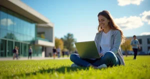 Estudante usando laptop em área externa de universidade australiana com prédios modernos e céu azul