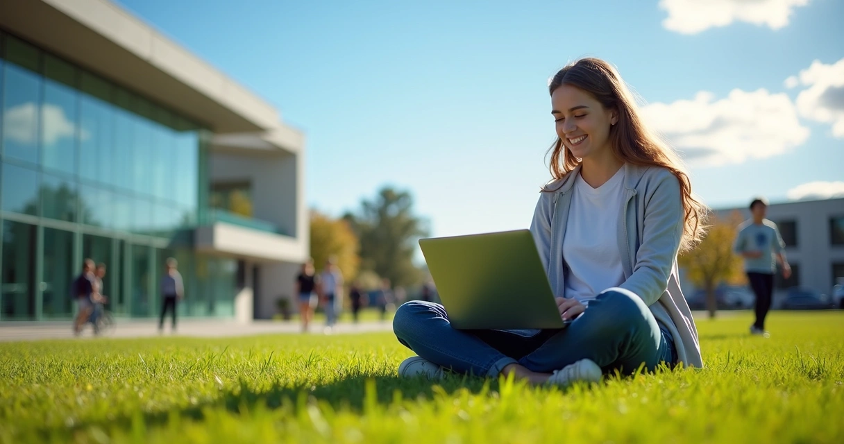 Estudante usando laptop em área externa de universidade australiana com prédios modernos e céu azul