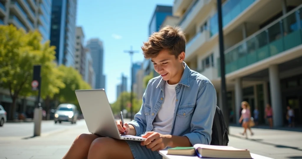 Estudante jovem em ambiente urbano australiano estudando com laptop ao ar livre