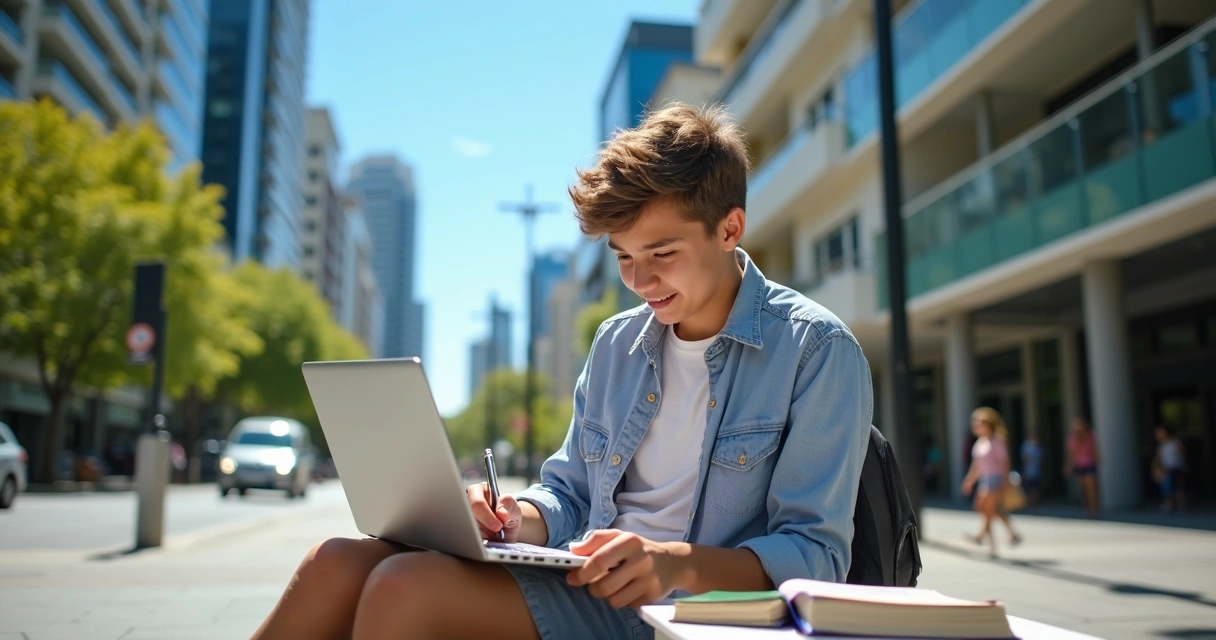 Estudante jovem em ambiente urbano australiano estudando com laptop ao ar livre
