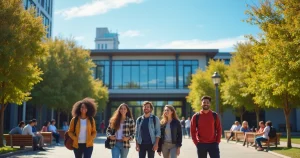 Jovens estudantes em frente a uma universidade moderna na Austrália em dia ensolarado