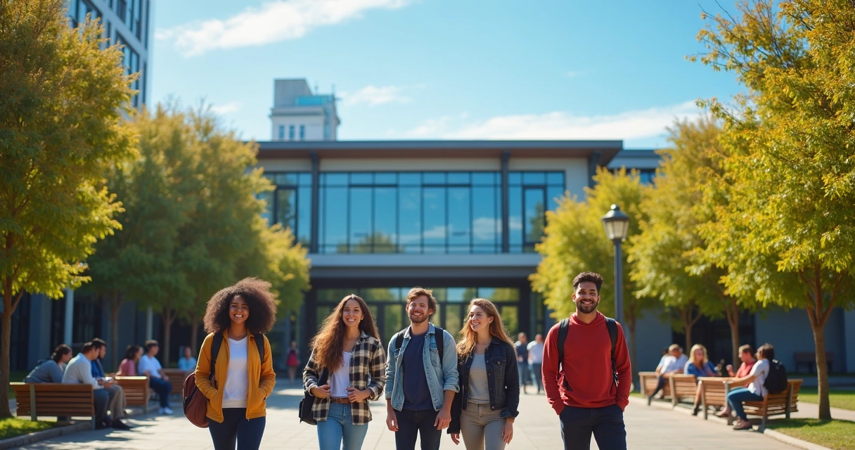 Jovens estudantes em frente a uma universidade moderna na Austrália em dia ensolarado