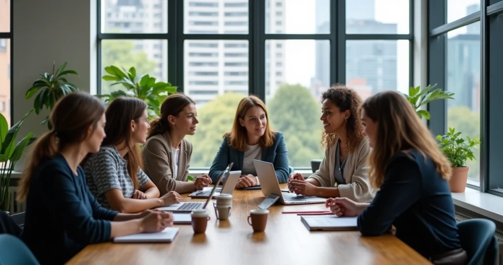 Jovens profissionais conversando em ambiente de trabalho moderno na Nova Zelândia