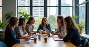 Jovens profissionais conversando em ambiente de trabalho moderno na Nova Zelândia