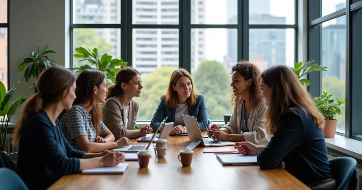 Jovens profissionais conversando em ambiente de trabalho moderno na Nova Zelândia