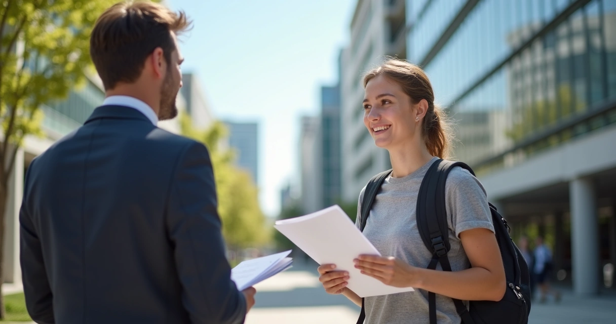 Estudante segurando currículo enquanto conversa com empregador em ambiente urbano da Austrália