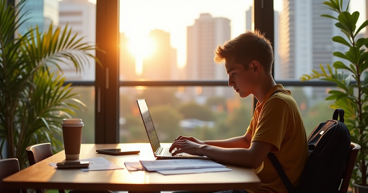 Jovem estudante com mochila e laptop em café moderno na Austrália, com vista de prédios urbanos e elementos de trabalho e estudo ao redor