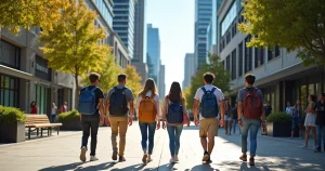 Estudantes internacionais caminhando em uma rua urbana da Austrália com mochilas, prédios modernos e árvores ao fundo