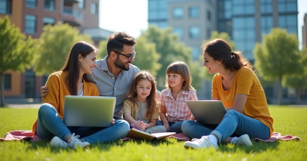 Família com filhos adolescentes estudando ao ar livre em universidade no exterior, céu azul ao fundo