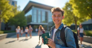 Estudante segurando passaporte e visto australiano com mochila em ambiente universitário
