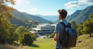 Jovem segurando mochila com vista de uma universidade e natureza da Nova Zelândia ao fundo