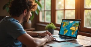 Jovem sentado em mesa com laptop, caderno aberto e mapas da Austrália e Nova Zelândia, planejando intercâmbio