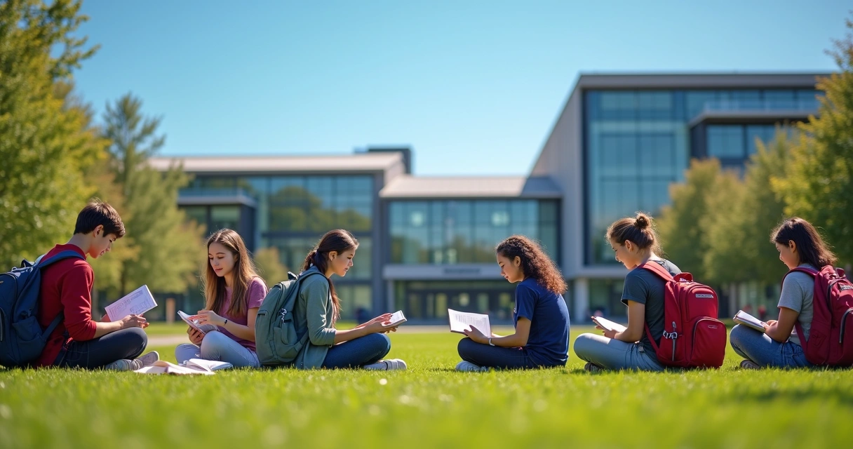 Jovens estudantes sentados ao ar livre com mochilas, notebook e livros, com edifícios universitários australianos ao fundo