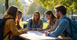 Grupo de jovens planejando viagem, com mochila, mapas e notebooks sobre mesa ao ar livre
