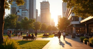 Vista panorâmica de uma cidade australiana com estudantes jovens caminhando e prédios modernos ao fundo