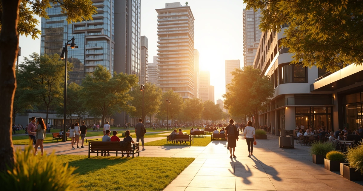 Vista panorâmica de uma cidade australiana com estudantes jovens caminhando e prédios modernos ao fundo