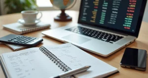 Mesa organizada com laptop, calculadora, caderno de planejamento e passaporte sobre fundo claro