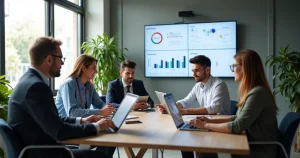 Profissionais diversos trabalhando em escritórios modernos com foco em tecnologia e carreira