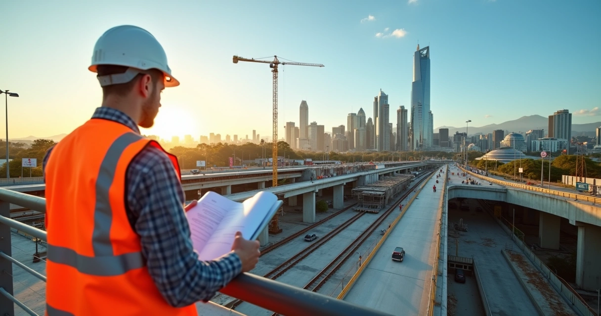 Engenheiro civil observando obra de ponte moderna com skyline de cidade australiana ao fundo